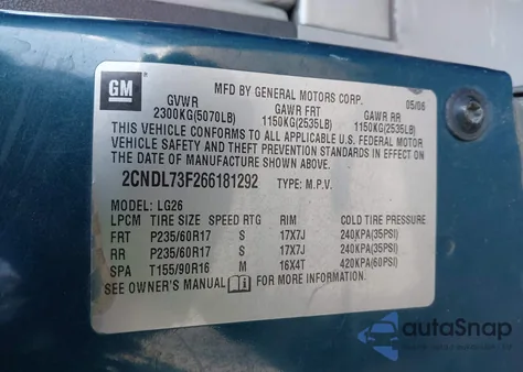 2006 Chevrolet Equinox Lt from USA, damaged, VIN 2CNDL73F266181292